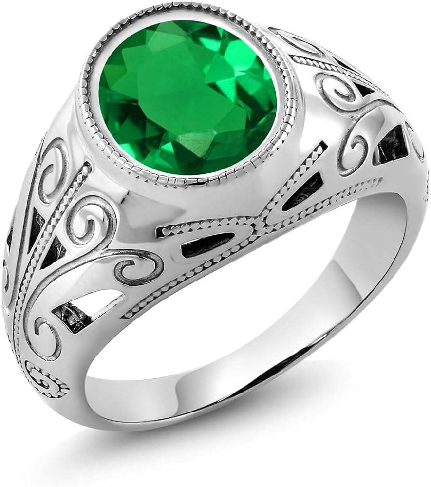 Gem Stone King Men's 925 Sterling Silver Oval Green Simulated Emerald Ring (3.80 Cttw, Available 7,8,9,10,11,12,13)