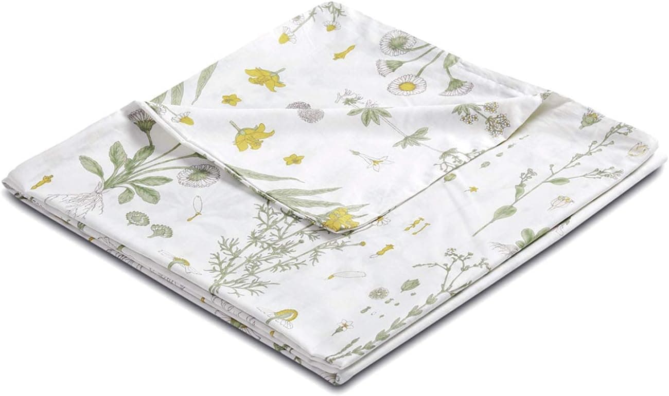 Wake In Cloud - Botanical Cover for Weighted Blanket, 60"x80" Removable Duvet Cover, Yellow Flowers Green Leaves Floral Garden Pattern Printed on White, 100% Cotton Fabric (1pc Cover Only)