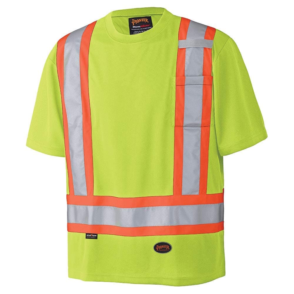 Pioneer High Visibility, Lightweight, Breathable Birdseye Short Sleeved Crew Neck Safety Shirt with Chest Pocket, Hook and Loop Closure, Reflective Tape, Yellow/Green, Unisex, 2XL, V1051160U-2XL