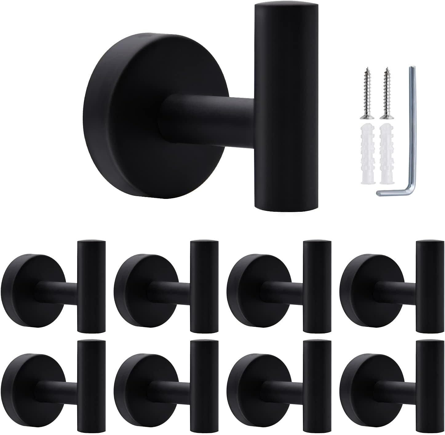 Towel Hooks, 8 Pack Black Modern Bathroom Hook, Heavy Duty Coat Hooks Stainless Steel Robe Hooks with Installation Accessories, for Bathroom Kitchen Living Room Bedroom Office Hotel (Matte Black)