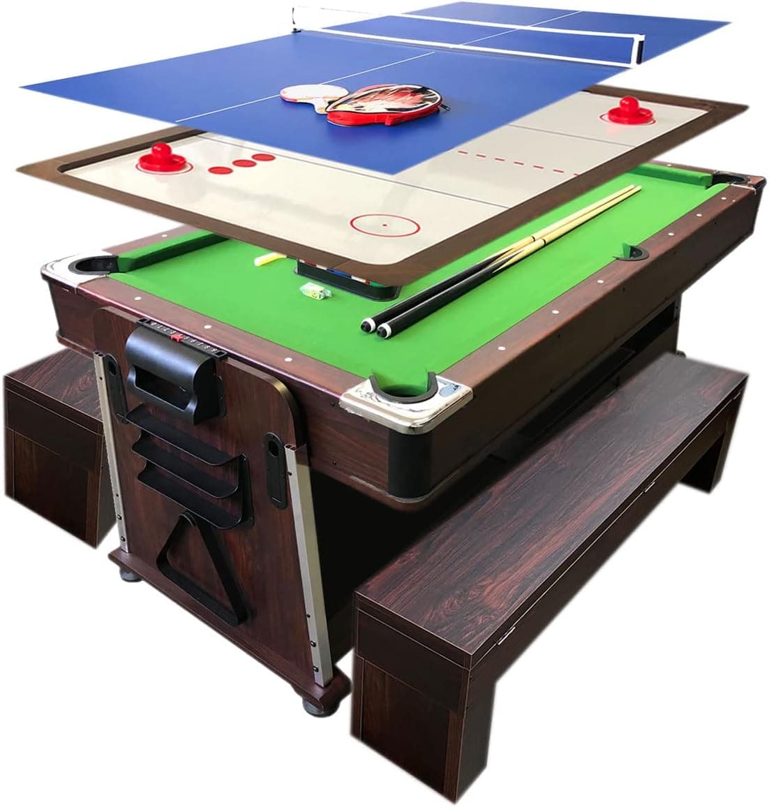 simba usa 4 in 1 - 7Ft Green Pool Table with Benches + Air Hockey + Tennis Table Tennis + Dinner Table Model Mattew, Green,White,Red