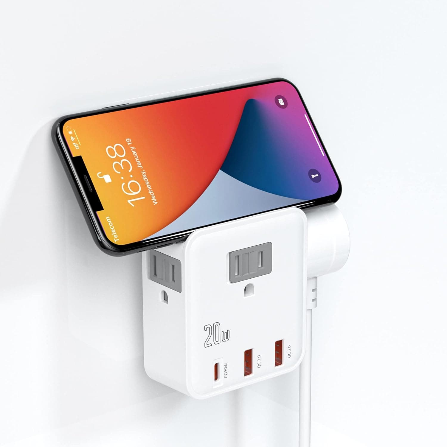 Multi Plug Outlet Extender, FOVAL USB Wall Charger with 20W PD Type-C Port, 3 AC Outlets & 3 USB Wall Ports, Multiple Plug Outlet Splitter with Phone Holder for Home, Office, Dorm, Cruise (1)