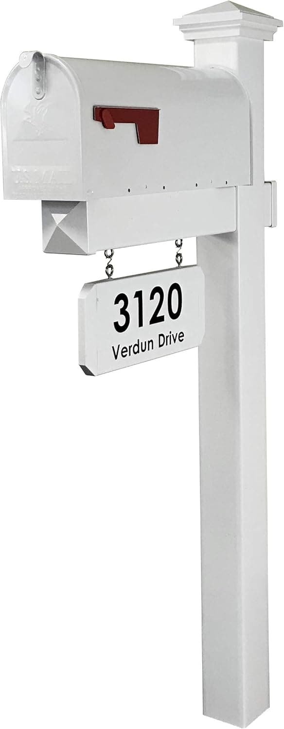 4Ever Products The Jackson Complete Mailbox System - Vinyl/PVC Post (Includes Mailbox) Decorative Curbside Postal Solution with Classic Traditional Style and Hanging Address Plate (White Mailbox)