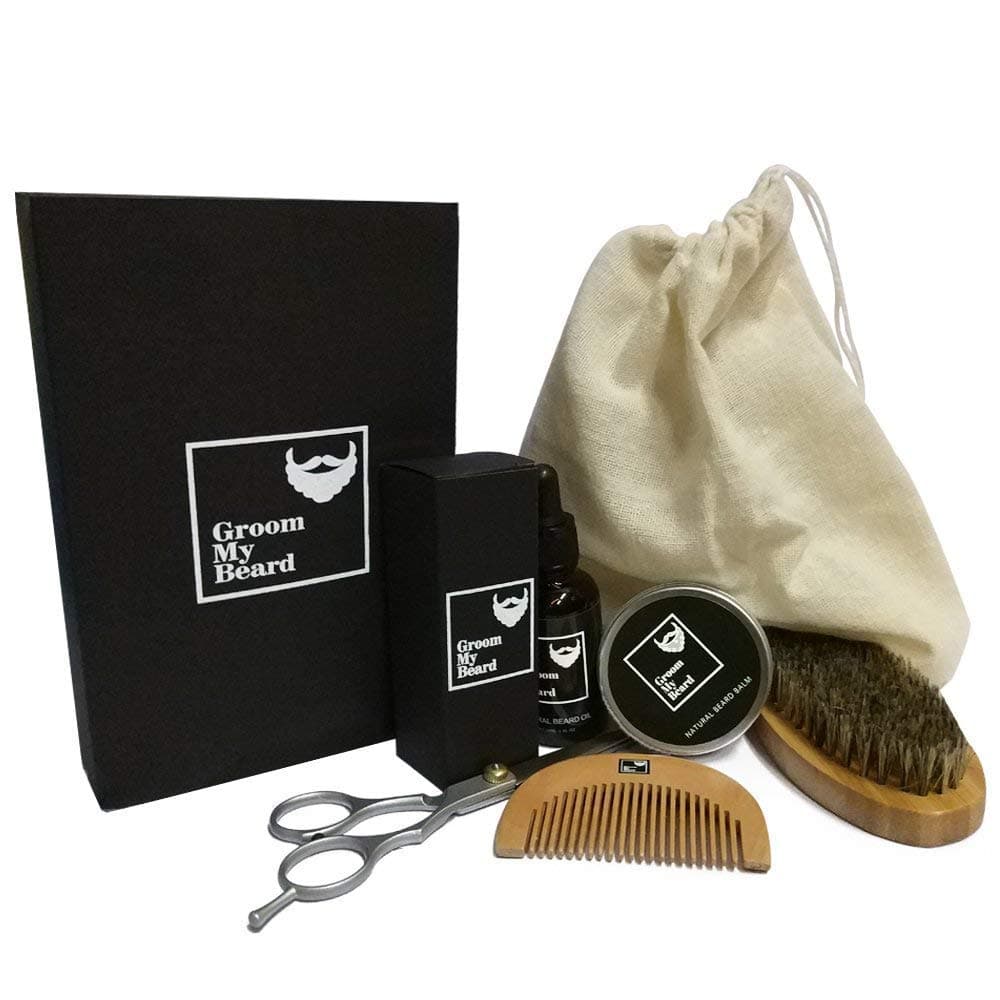 Premium Beard Grooming Kit in Gift Box: Beard Brush, Beard Comb, Beard Scissors, Moisturizing Beard Oil & Beard Balm with Travel bag. Easy to Use, Carry & Travel. Perfect Gift for Men,