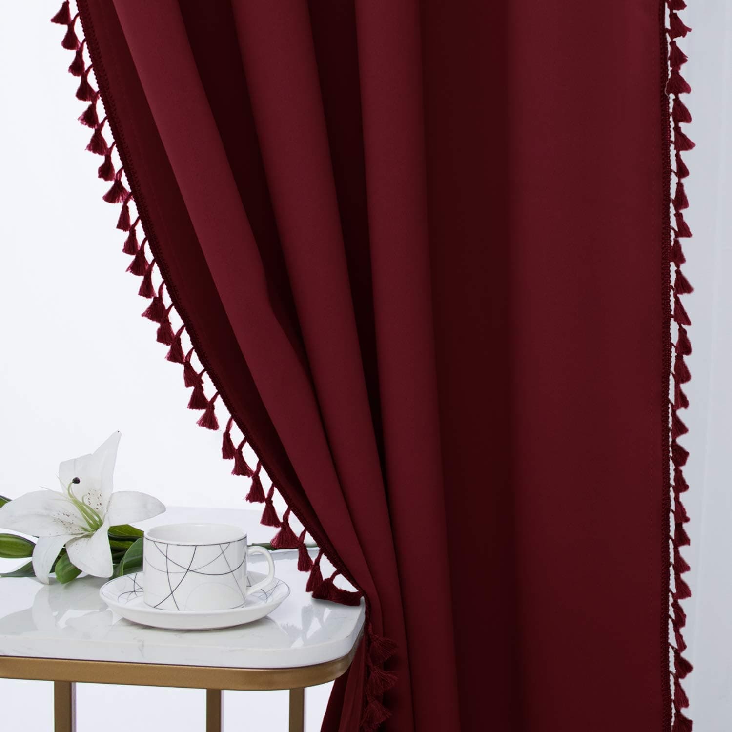 WONTEX Pom Pom Blackout Curtains for Bedroom and Living Room, 52 x 63 Inch Long, Burgundy – Thermal Insulated/Privacy Protection Grommet Curtain Panel, Window Curtains Set of 2