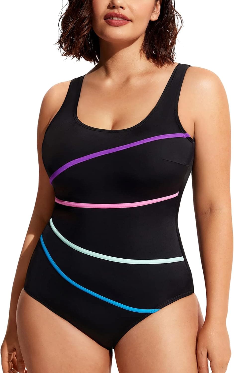 DELIMIRA Women's Striped One Piece Swimsuit Plus Size Swimwear Modest Bathing Suits