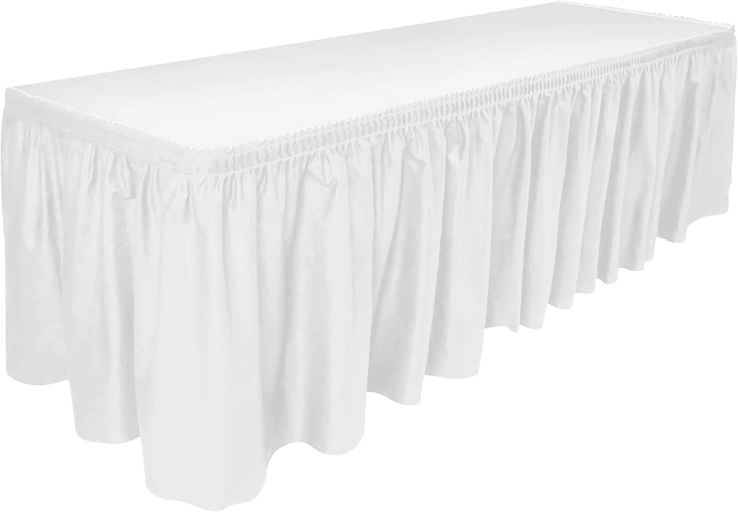 DecorRack Table Skirt, 29 in x 14 ft -BPA Free- Plastic Tableskirt, Disposable, Reusable, Rectangular Tablecloth Skirt, White (1 Pack)