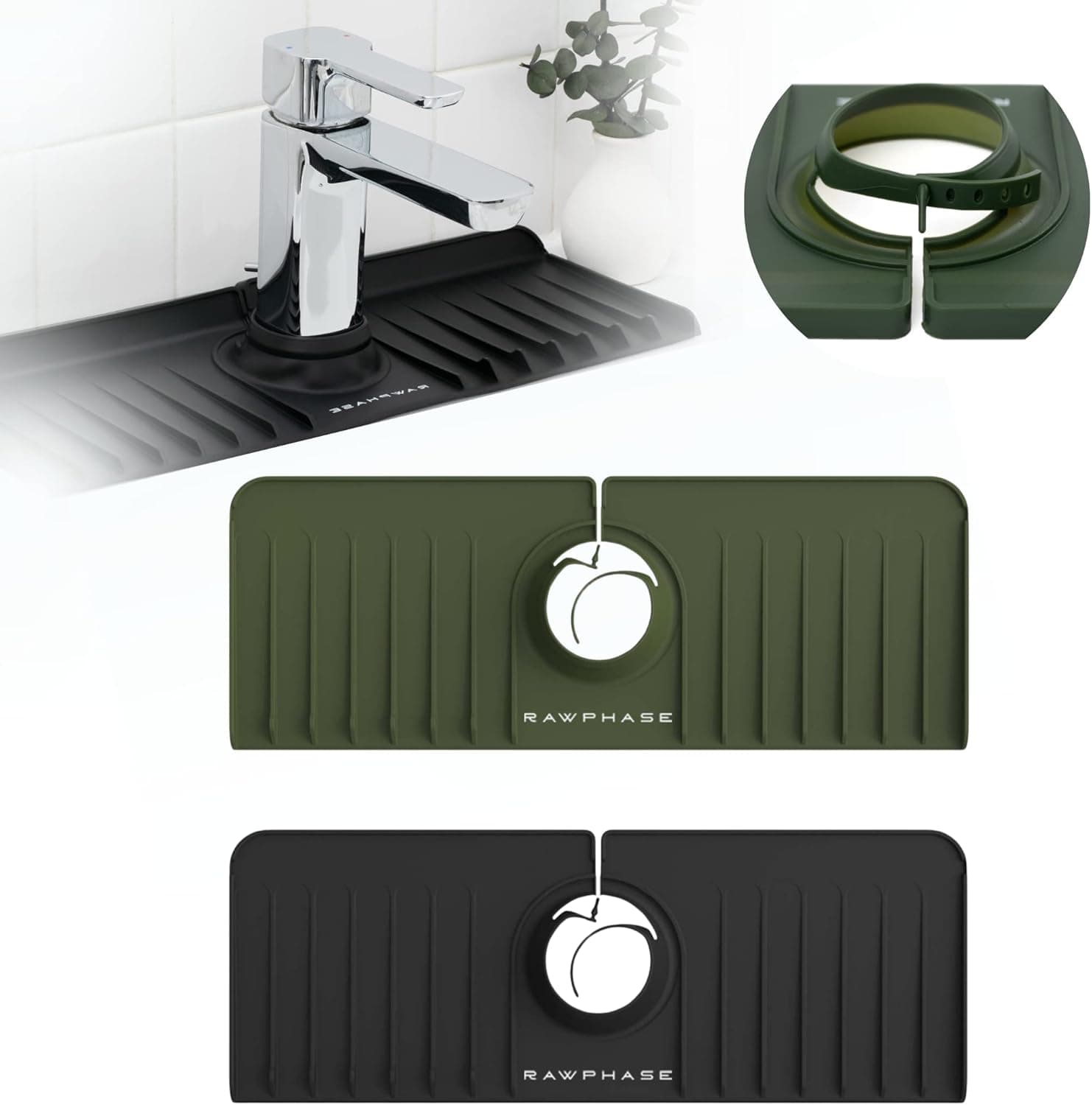 RAWPHASE™ - 2 Pcs Faucet Mat | Adjustable Kitchen Sink Faucet Splash Guard | Black and Green | BPA FREE | Kitchen Accessories | Silicone Sink Faucet Pad | Faucet Mat