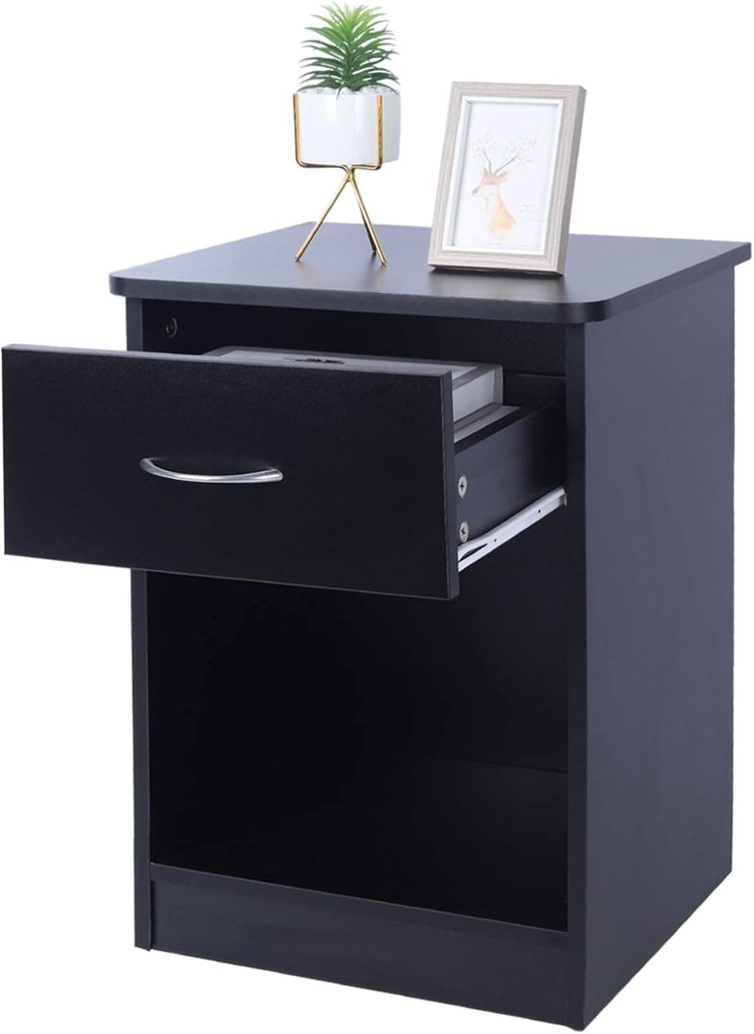 TINSAWOOD 1-Drawer Nightstand, End Table with Drawer and Open Storage Shelf, Nightstand Chest for Bedroom and Dorm Bedside, Black