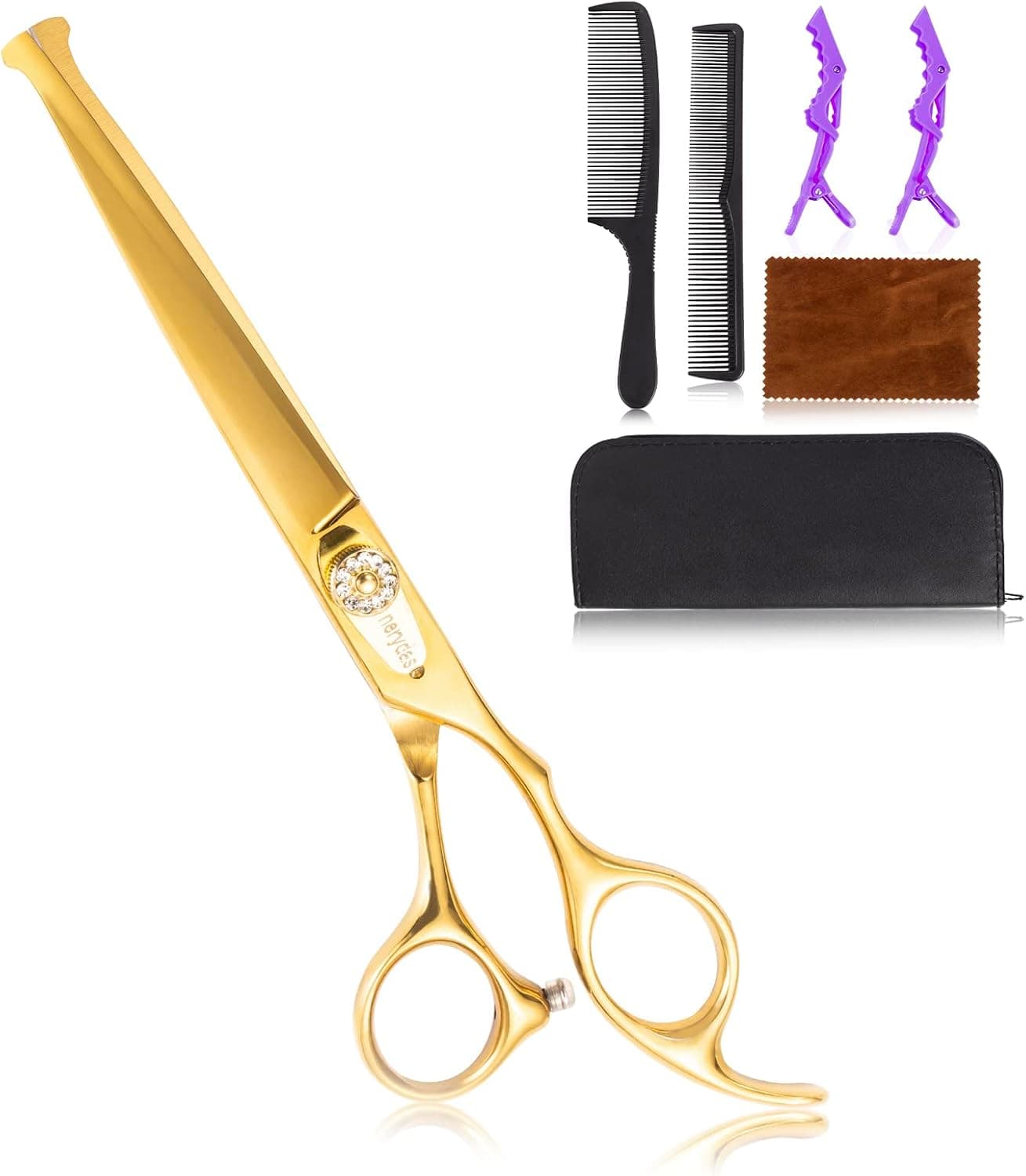 7PCS Kids Hair Cutting Scissors Kit, Stainless Steel Hairdressing Scissors Set, Hair thinning Shears Set for Home Salon, with Haircut Scissors, Combs, Hairpins, Cleaning Cloth & Leather Bag