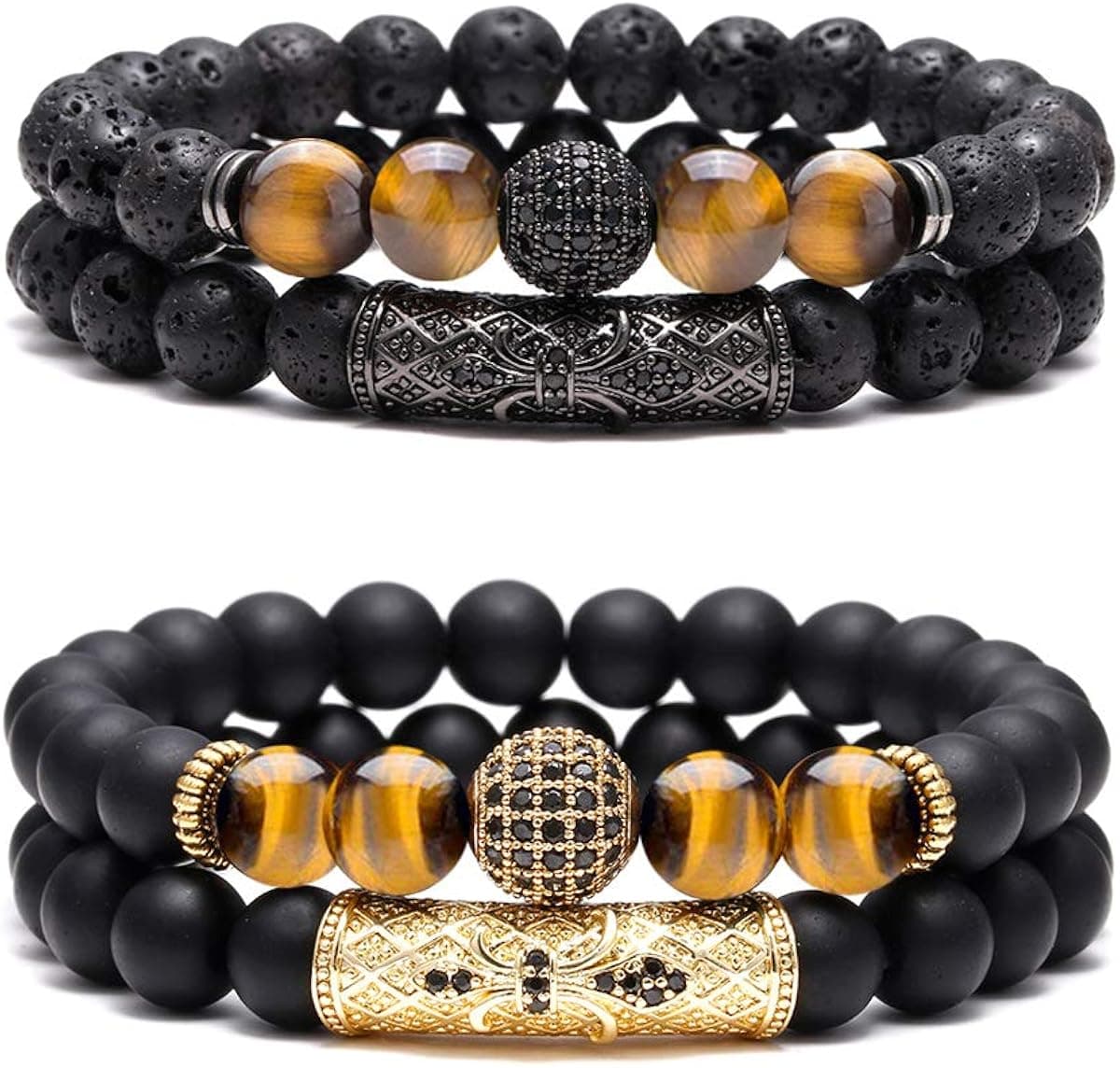 BOMAIL 8mm Charm Beads Bracelet for Men Women Lava Stone and Black Matte Onyx Natural Stone Beads, 7.5"