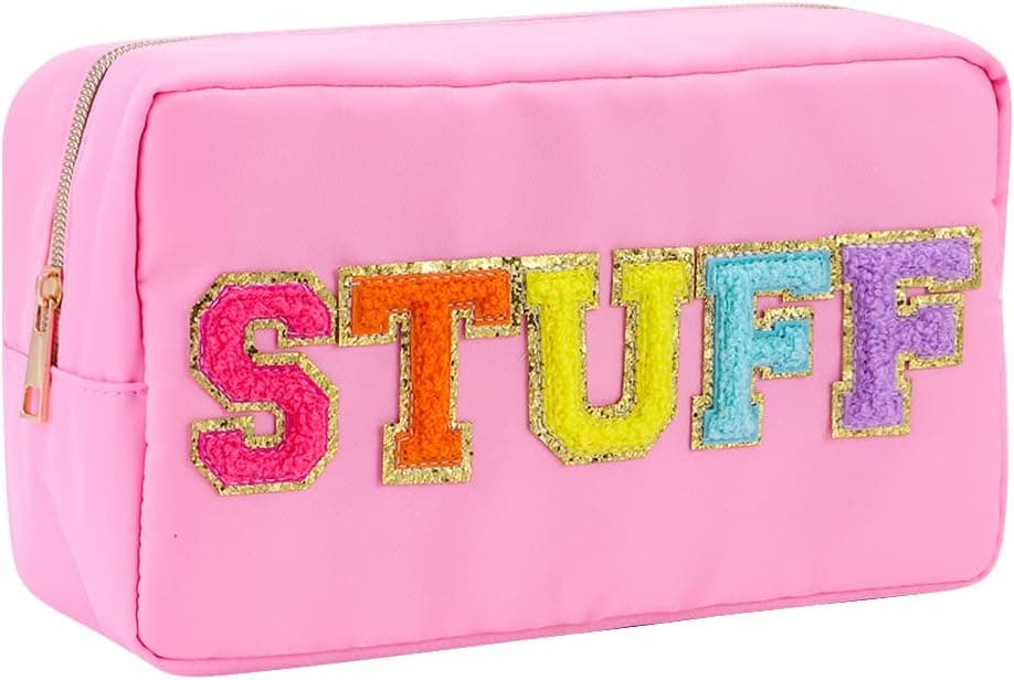 okdeals Large Preppy Cosmetic Bag Pouch With Patches, Stuff Varsity Letter Nylon Waterproof Toiletry Bag Pencil Case,Sewing Chenille Gold Zipper Bag for Travel and Organization(Pink)