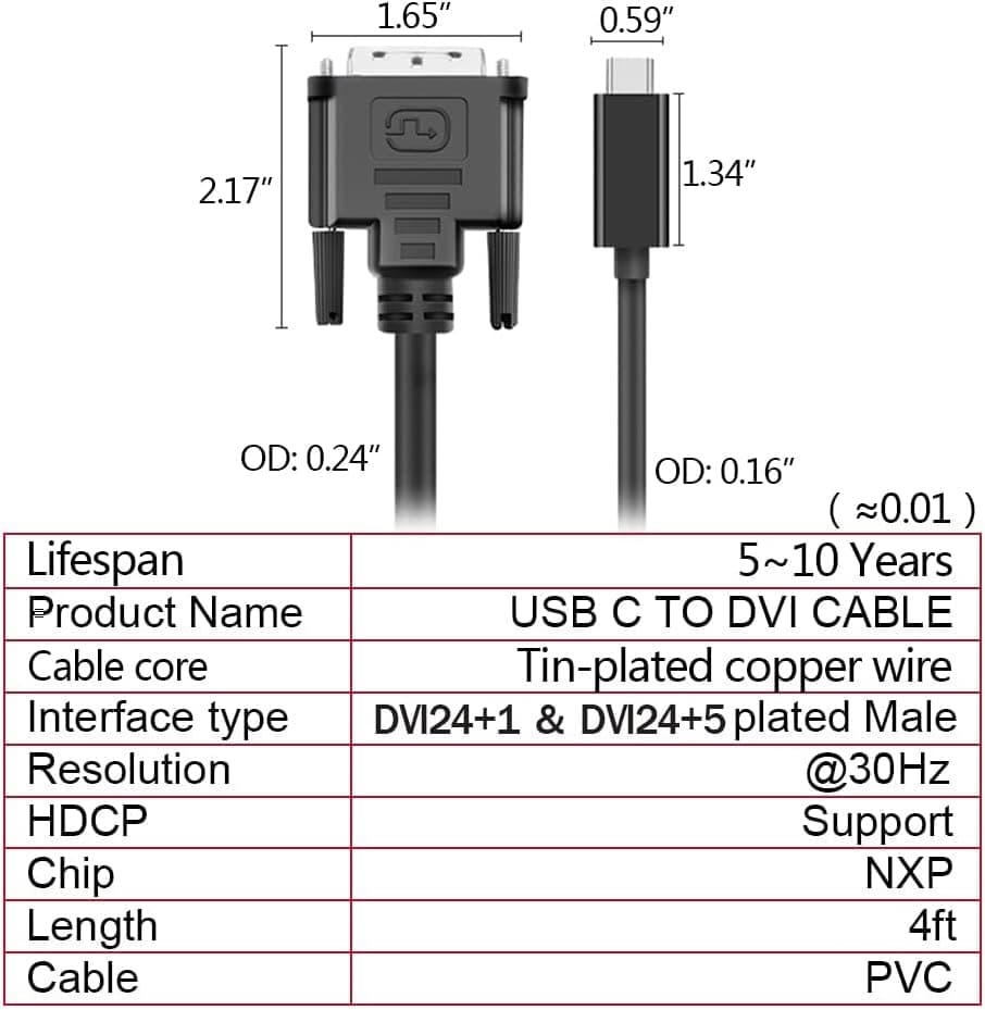 USB C to DVI Cable 4K@30Hz 4FT USB Type-C to DVI(24+1) / DVI(24+5) Male Compatible with 2017-2020 Mac-Book Pro,Surface Book 2, Dell XPS 13,Galaxy S10 and More