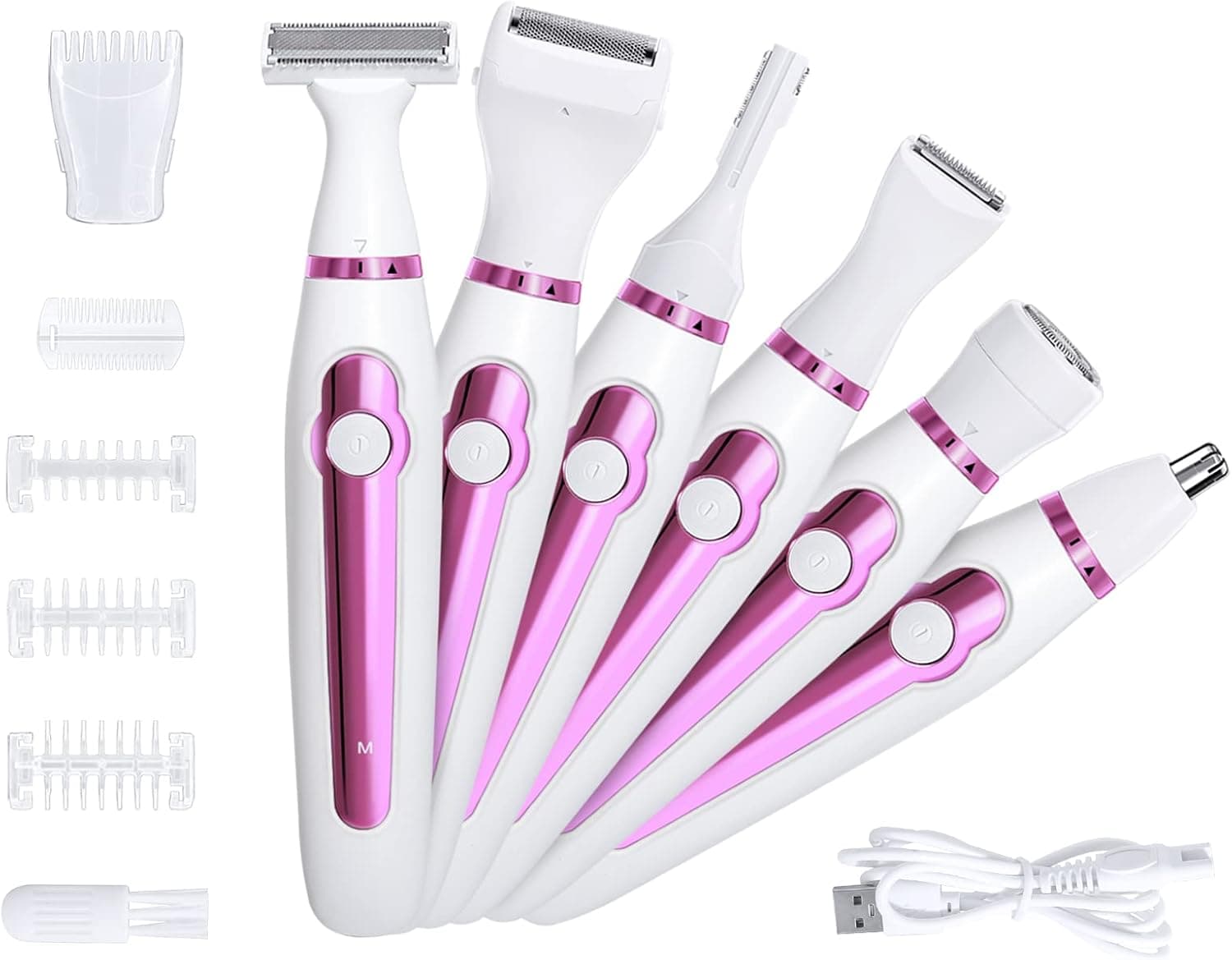 OBR KING Facial Hair Removal for Women 6 in 1 Nose Hair Trimmer Eyebrow Razor Bikini Trimmer Pubic Hair Remover Body Hair Shaving Kit Cordless Electric Shaver with Safety Lock