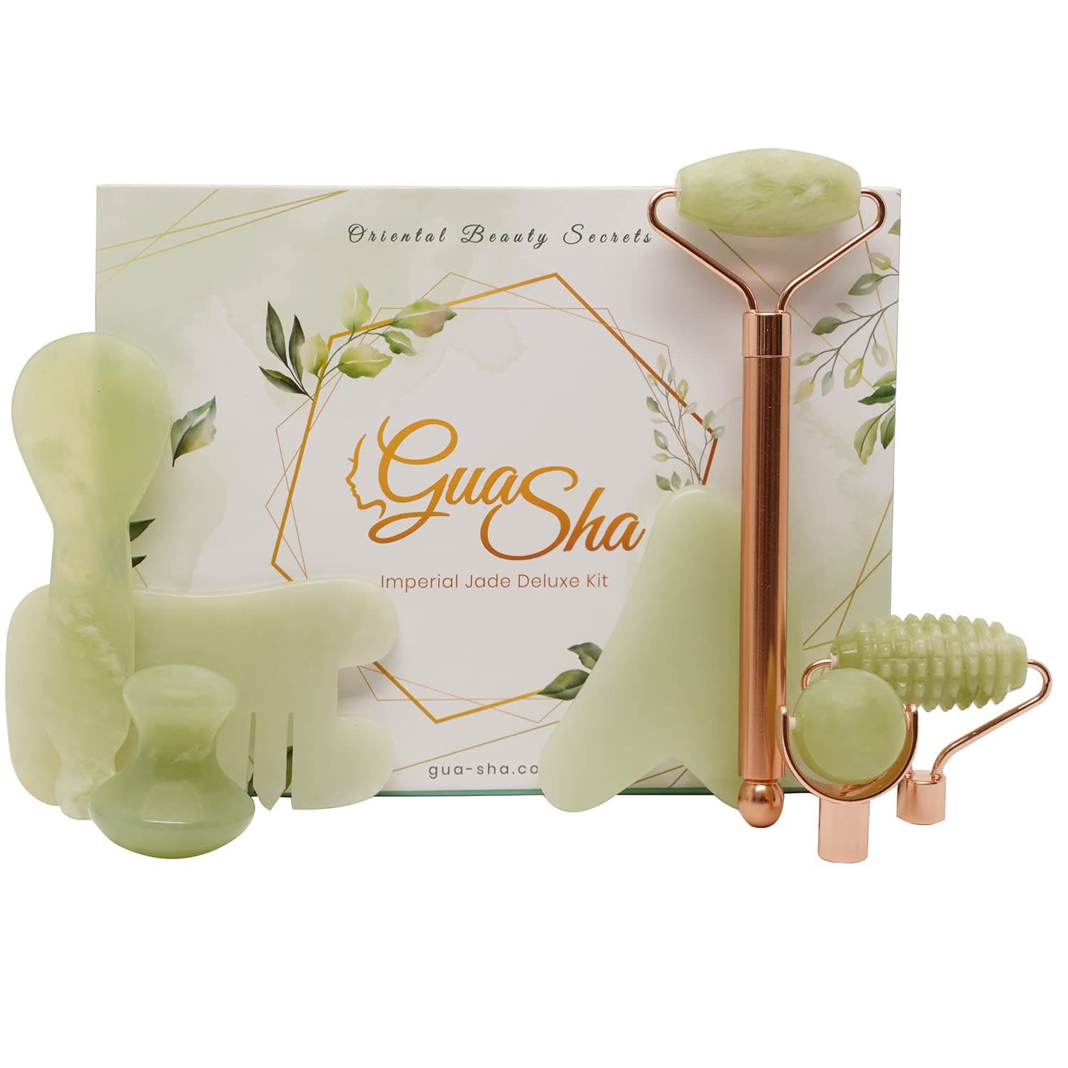 GuaShaco Imperial Jade Deluxe Kit - Premium Set Imperial Jade Gua Sha Tools + Facial Roller + Cooling Storage Pouch & Fancy Box | The Premium Gua Sha Set For Your Daily Facial Beauty Self-Care Routine