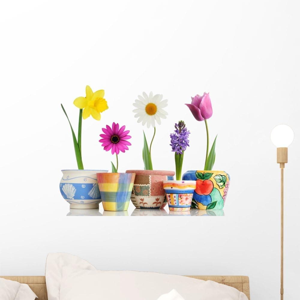 Wallmonkeys Colorful Spring Flowers in Fun Ceramic Containers Wall Decal Peel and Stick Graphic WM65220 (18 in W x 14 in H)