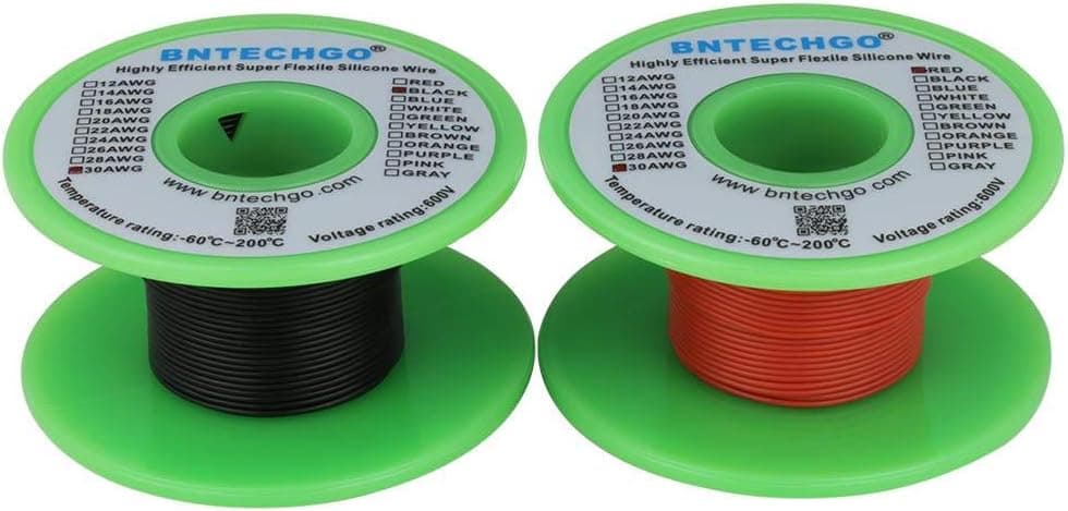 BNTECHGO 30 Gauge Silicone Wire Spool red 50ft and Black 50ft Flexible 30 AWG Stranded Tinned Copper Wire