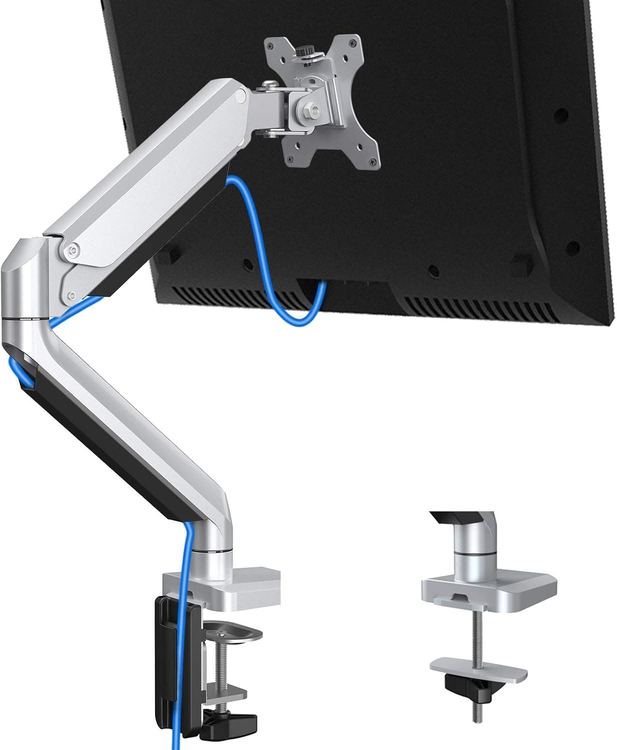 Single Monitor Desk Mount, Cast Aluminum, Articulating Monitor Stand Mount, Fully Adjustable Gas Spring Monitor Arm, Removable VESA with C Clamp and Grommet Mounting Base - Fits Screens up to 32 Inch