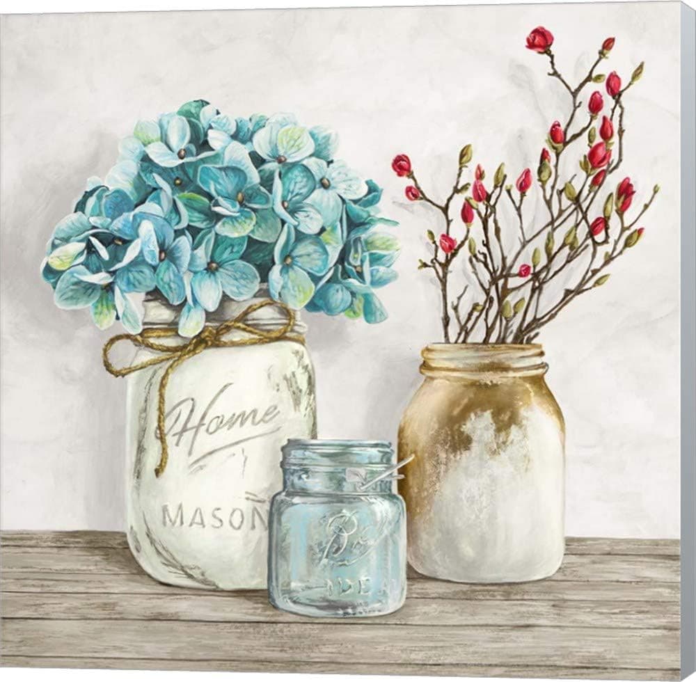 Floral Composition with Mason Jars I by Jenny Thomlinson Canvas Art Wall Picture, Museum Wrapped with Winter Gray Sides, 14 x 14 inches