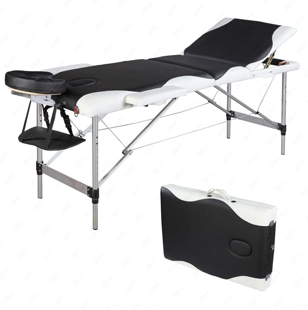 SUNCOO 3 Fold Portable Massage Table Facial Spa Bed Tattoo Aluminum with Carry Case (Black/White)