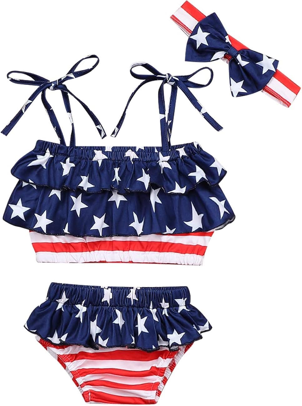 4th of July Infant Baby Girl Swimsuit Ruffle Stars Strap Top and Bikinis Skirt with Headband 3 Piece Swimwear