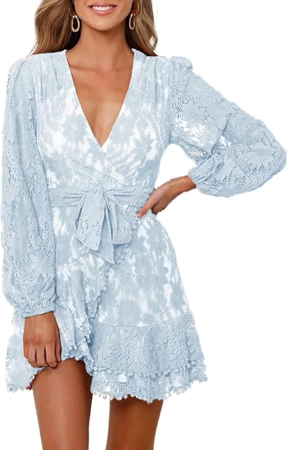 FARYSAYS Womens Lace Wrap Mini Dresses Floral V Neck Ruffle Short Dress with Belt
