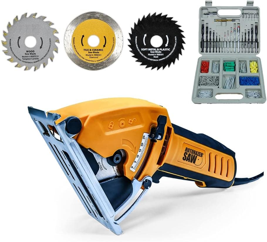 Official ROTORAZER Compact Circular Saw Set BUNDLE with extra Blades plus drill set. DIY Projects -Cut Drywall, Tile, Grout, Metal, Copper, Carpet w Blades, Dust Collector & Case AS SEEN ON TV