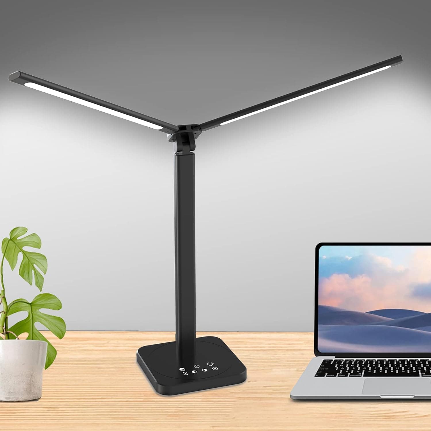 Mostorlit Double Head Led Desk Lamp, Eye Caring Double Swing Arm Table Lamps, USB Powered Reading Light, Lamp with 5 Steps Dimming and 5 Colors for Home, Office, Bedroom, Dormitory/Black