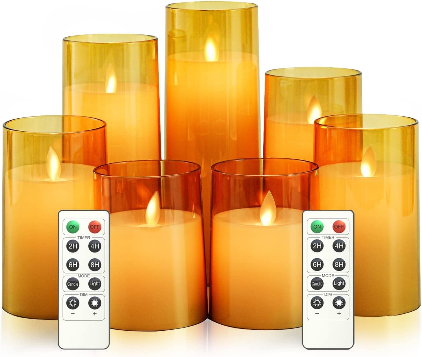Eebuss Flickering Flameless Candles, Battery Operated LED Pillar Moving Flame Candles with Timer and Remote Control, Set of 7 (D 3"×H 4" 4" 5" 5" 6" 7" 8")(Gold)