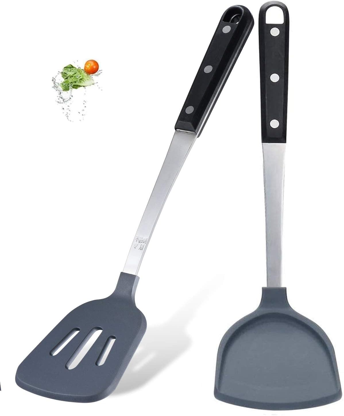 KSENDALO 2Pack Silicone Solid Turner Spatula, Silicone Wok Spatulas Set, Nonstick Slotted Spatula Turners with Comfortable Riveted POM Handle, Flexible Sturdy & Blade with 480℉ Heat-Resistant, Gray