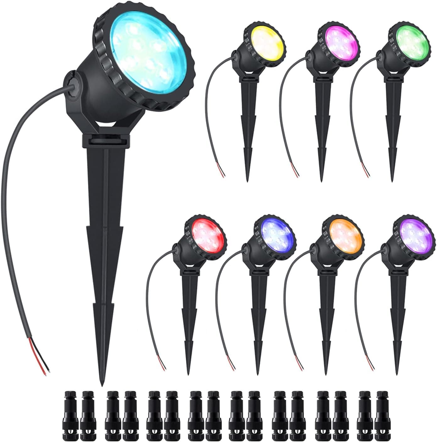 Auto Color Changing Low Voltage LED Landscape Lights with Connectors,7 Color Auto Changing 12V 24W LED Landscape Spotlights with Stakes Flood Garden Pathway Lawn Yard Walls Trees Flags Lights, 8 Pack