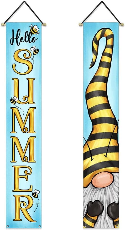 Hello Summer Porch Banner Gnome Bee Sign 12x70 Inch Indoor Outdoor Seasonal Hanging Decoration Front Door Farmhouse Wall Decor CS065