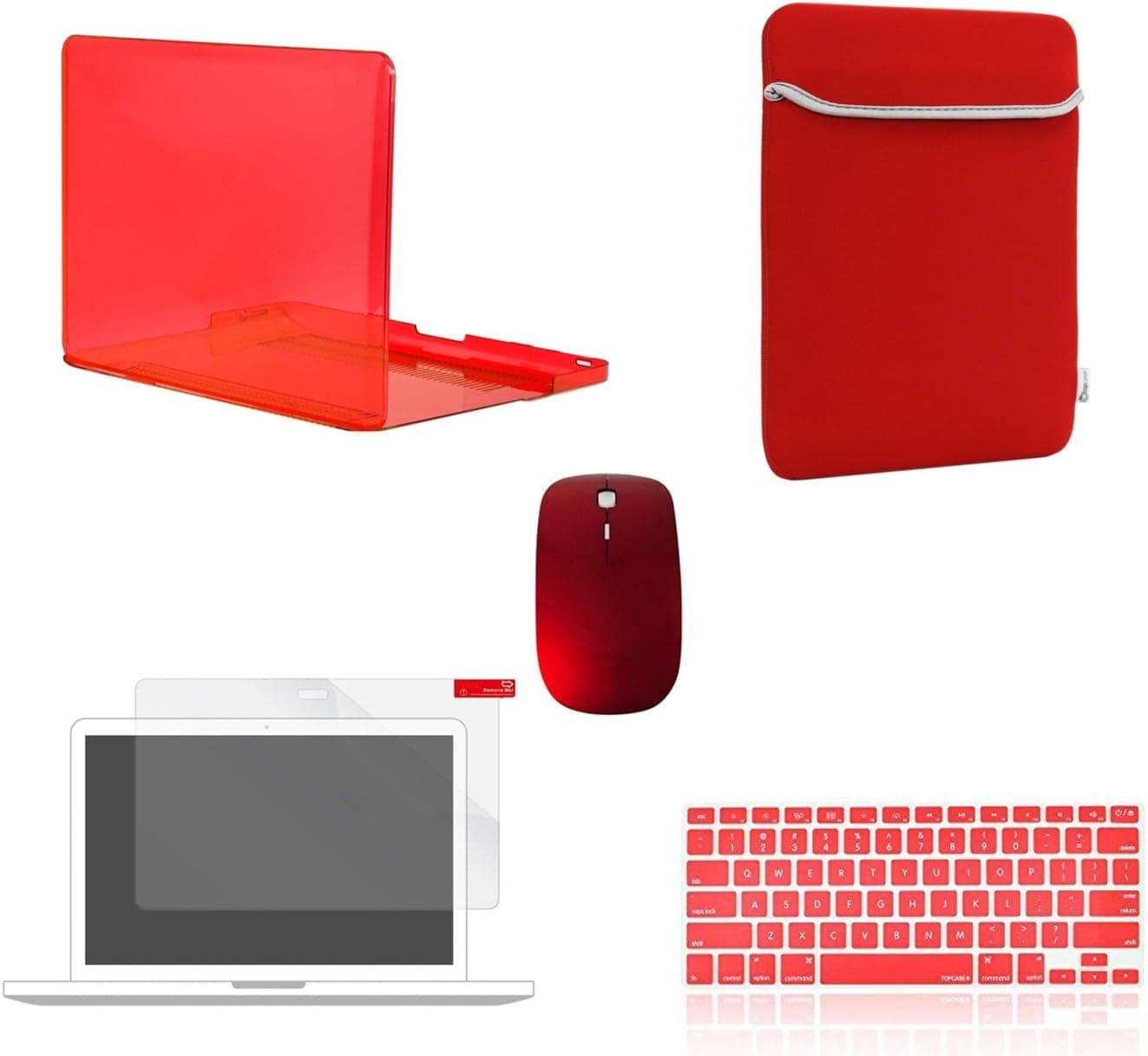 TOP CASE - 5 in 1 Omni Bundle Crystal Hard Case + Sleeve Bag + Wireless Mouse + Silicone Keyboard Skin + Screen Protector Compatible Old Generation MacBook Pro 13" A1278 - Red