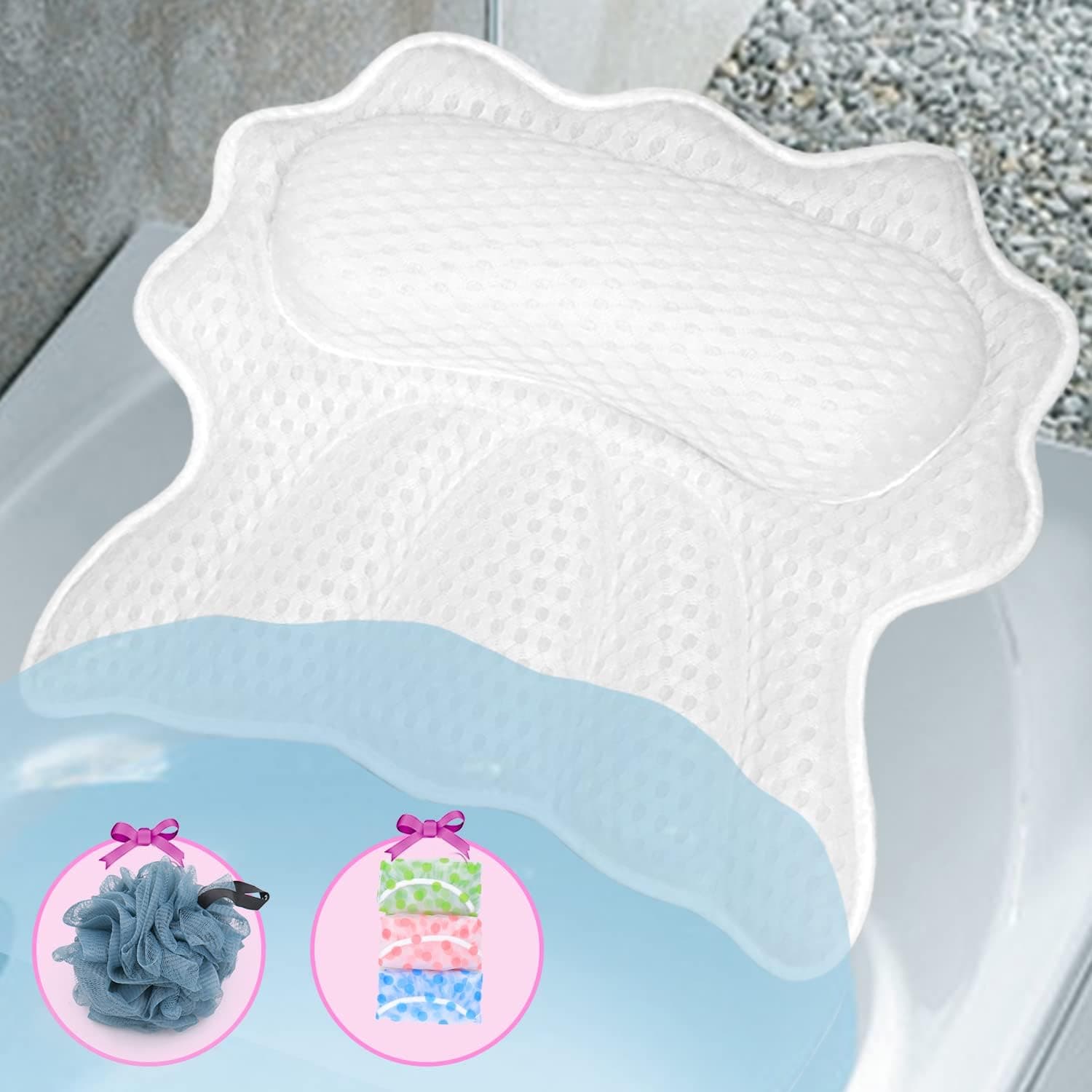 Bathub Pillow, Lontems Bath Pillows for Tub Neck and Back Support Spa Bath tub Pillow Headrest for Hot Tub with 4D Air Mesh Fabric and 6 Suction Cups