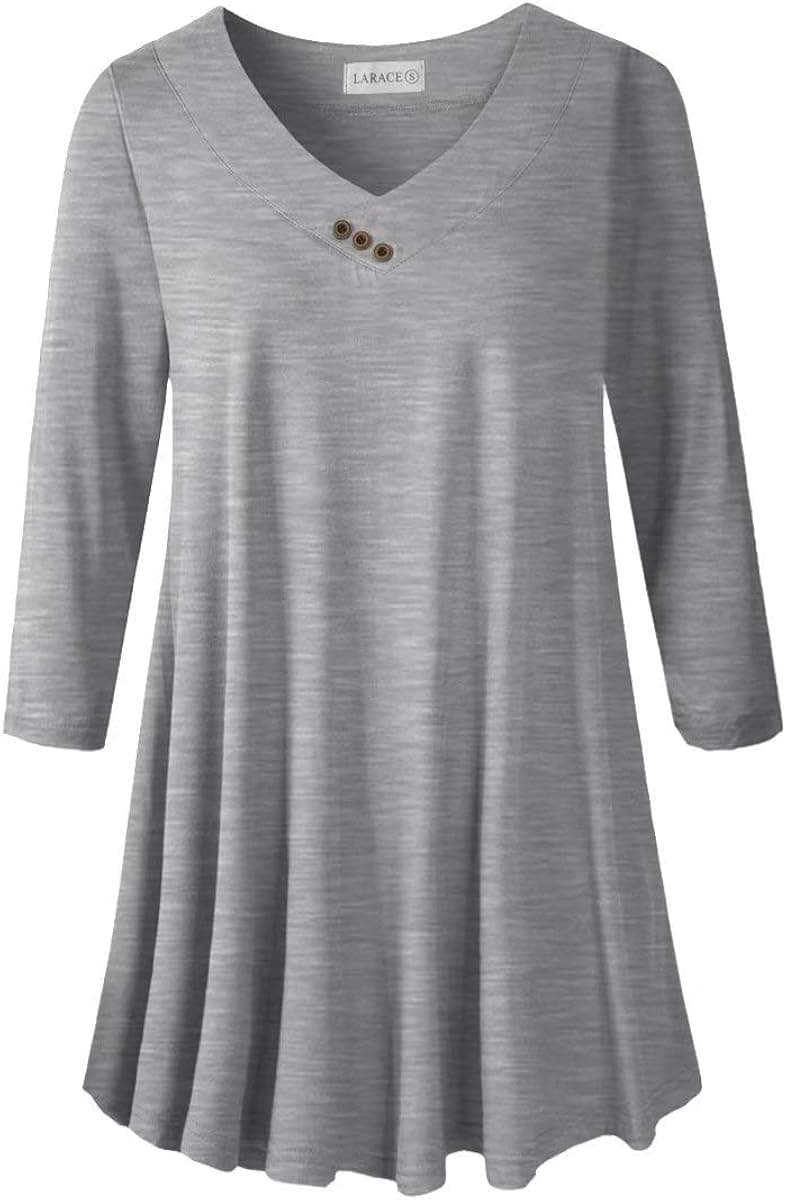 LARACE Plus Size Tunic Women's 3/4 Sleeve Tops And Blouses V Neck Shirts Loose Basic Tee