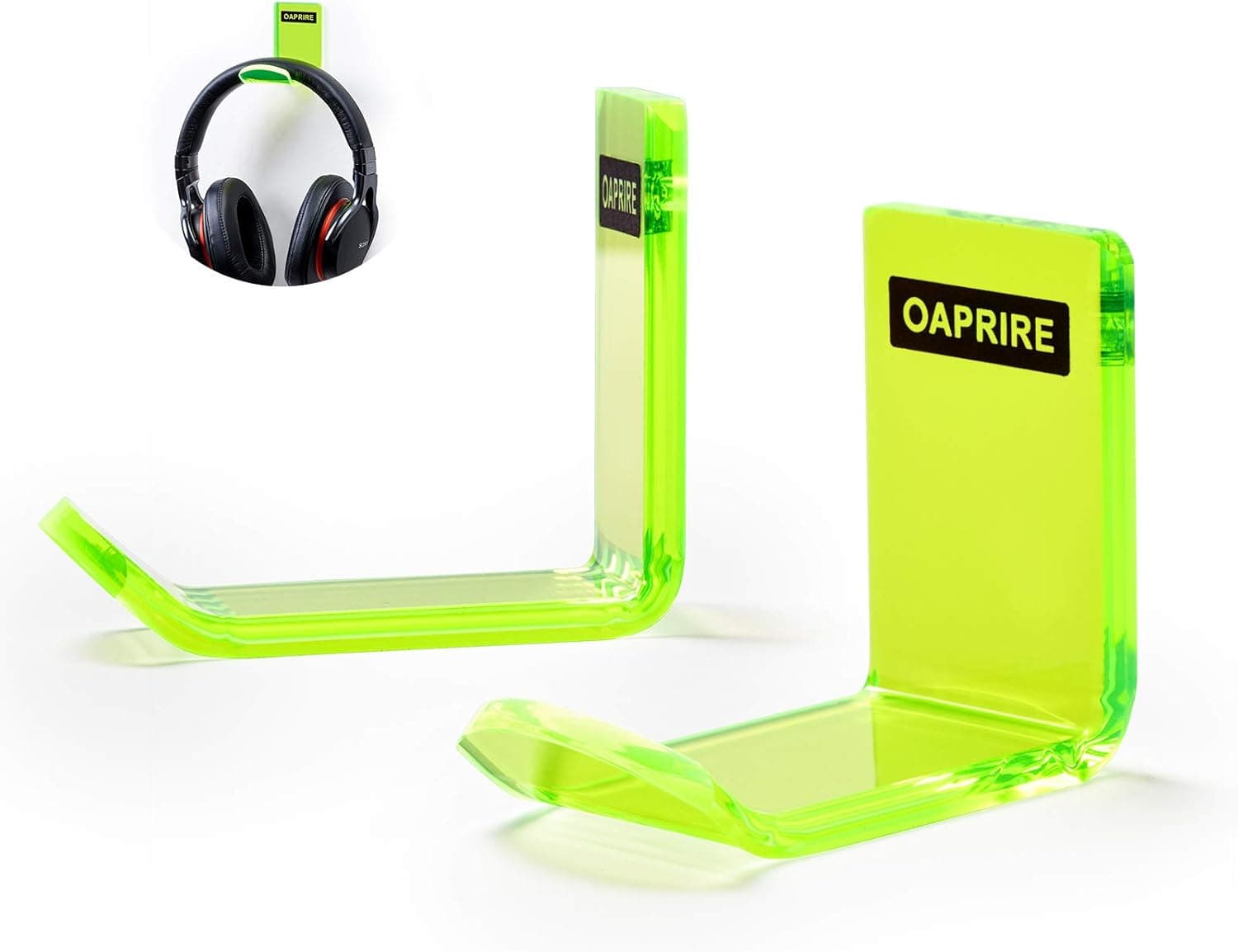 OAPRIRE Headphone Hanger Wall Mount (2 Pack) - Headphone Holder Kit with Cable Clip, Universal Headphone Stand for Sennheiser, Sony, Bose, Beats, AKG, Gaming Headphones, Earphones (Clear Green)