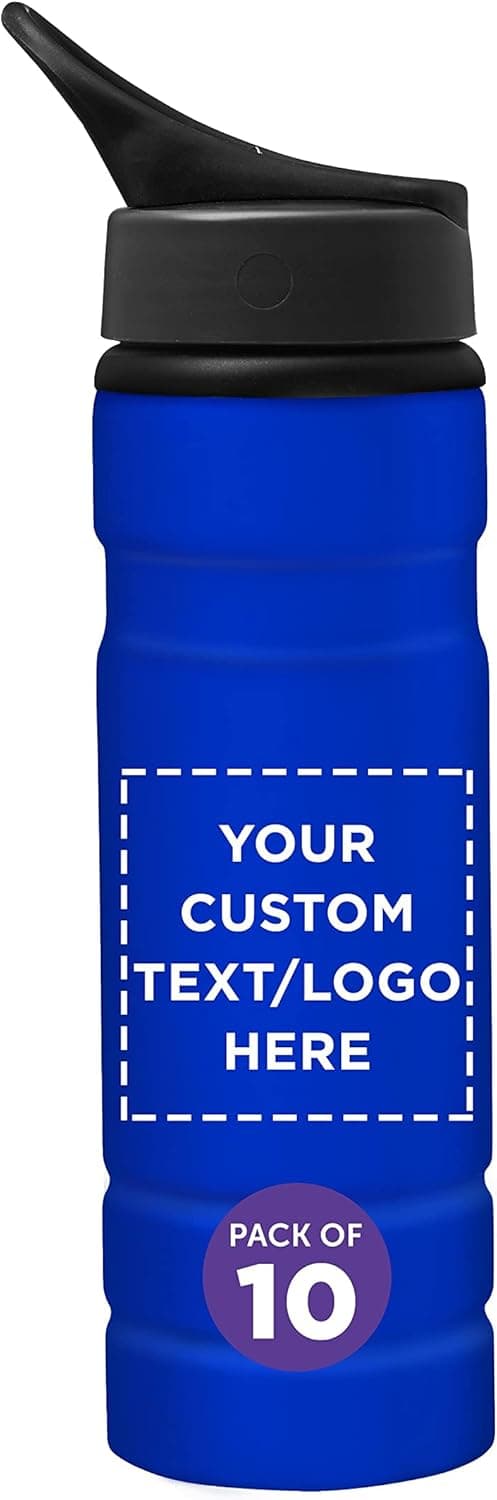DISCOUNT PROMOS Custom Aluminum Water Bottles 27.25 oz. Set of 10, Personalized Bulk Pack - Great for Gym, Hiking, Cycling, Camping, Backpacking, School - Blue