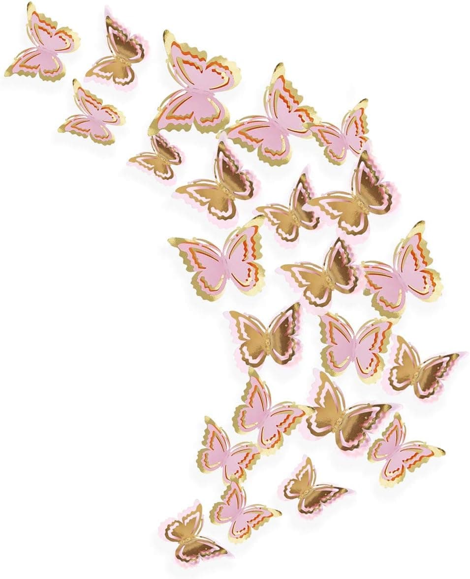 pinkblume Gold and Pink Butterfly Decorations Stickers 3D Butterfies Wall Decor DIY Home Decorations Removable Wall Decals Murals for Home Living Room Babys Bedroom Showcase Nursery Art Decor (27PCS)