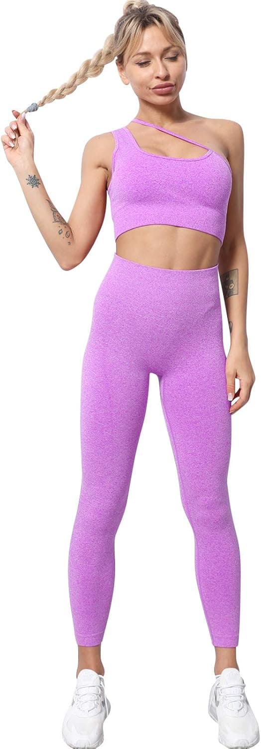 Women Seamless Workout Sets 2 Piece High Waist Leggings One Shoulder Sport Bra Crop Top Yoga Outfits Activewear