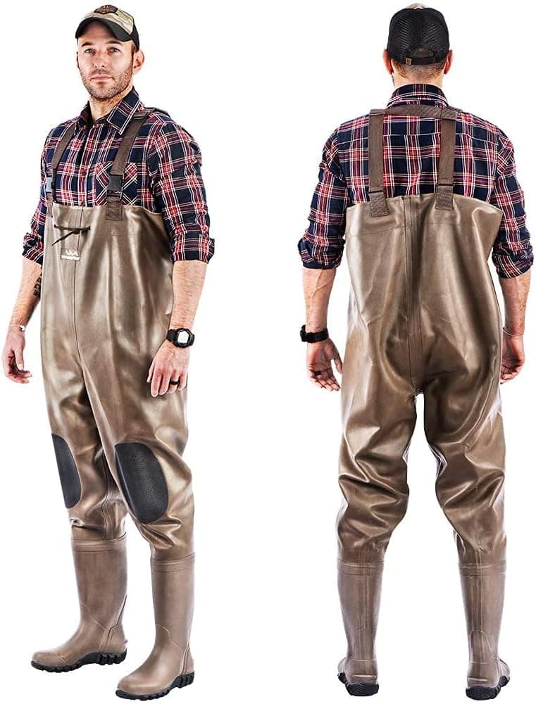 Chest Waders Waterproof Rubber Bootsfoot Durable Wader Overalls Pants for Fishing Hunting Heavy Duty Men Women Cleated or Felt Outsole (Brown, Cleated Size14)