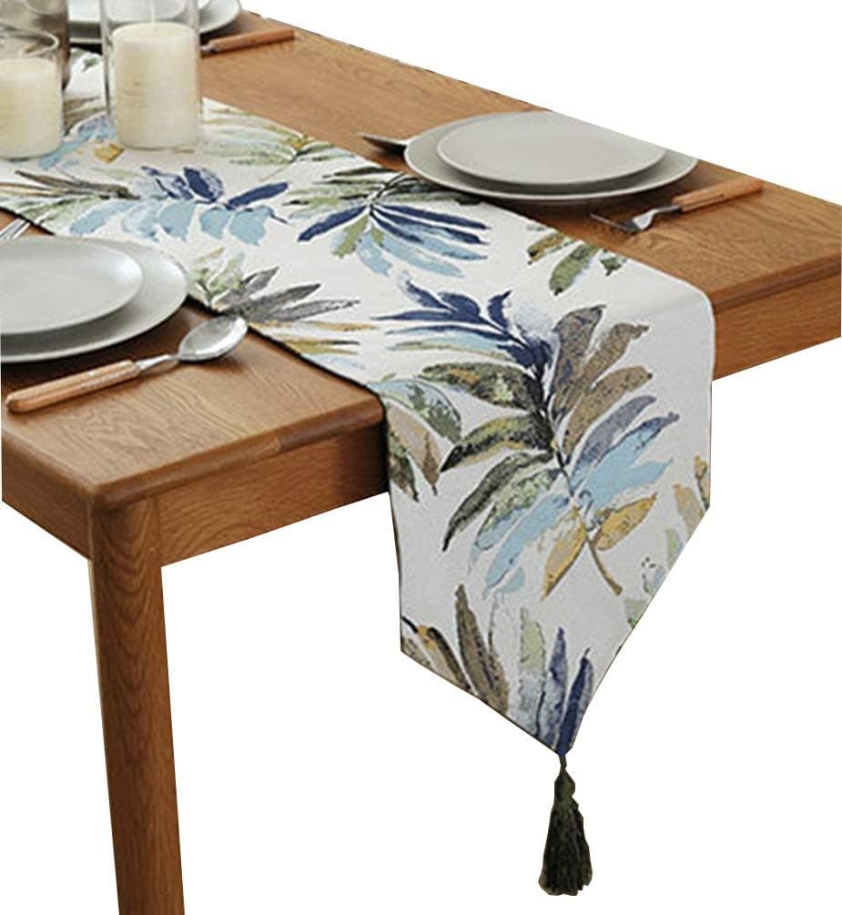 ZebraSmile Short 100% Polyester Leaves Pattern Coffee Table Runners with Tassels for Dining Table Decoration Home Decor Elegant Small Table Runner, 13 X 48 Inches