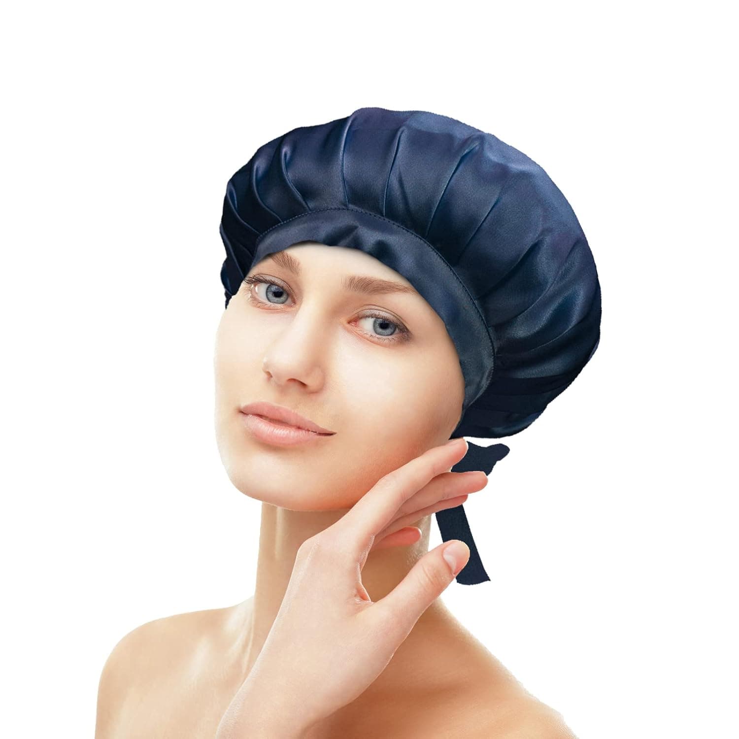 Silmer 100% Mulberry Silk Bonnet 22 Momme Silk Hair Wrap for Sleeping, Silk Sleep Cap for Women Hair Care with Adjustable Ribbons Breathable Non-Slip for Curly Hair (Navy Blue)