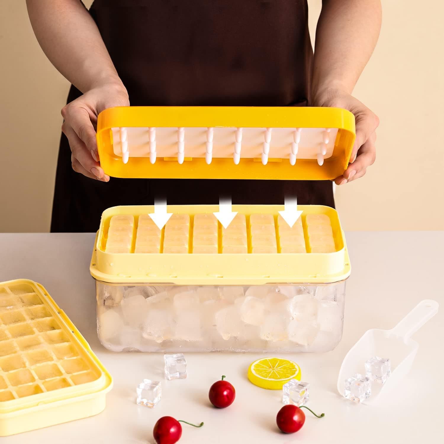 Ice Cube Tray with Lid and Bucket - Silicone Ice Cube Maker with Lid and Freezer Container - Ice Pack Easy Release, Stackable Ice Bin Makes 64 Pieces for Cocktails, Whiskey, Chocolate, Tea and Coffe