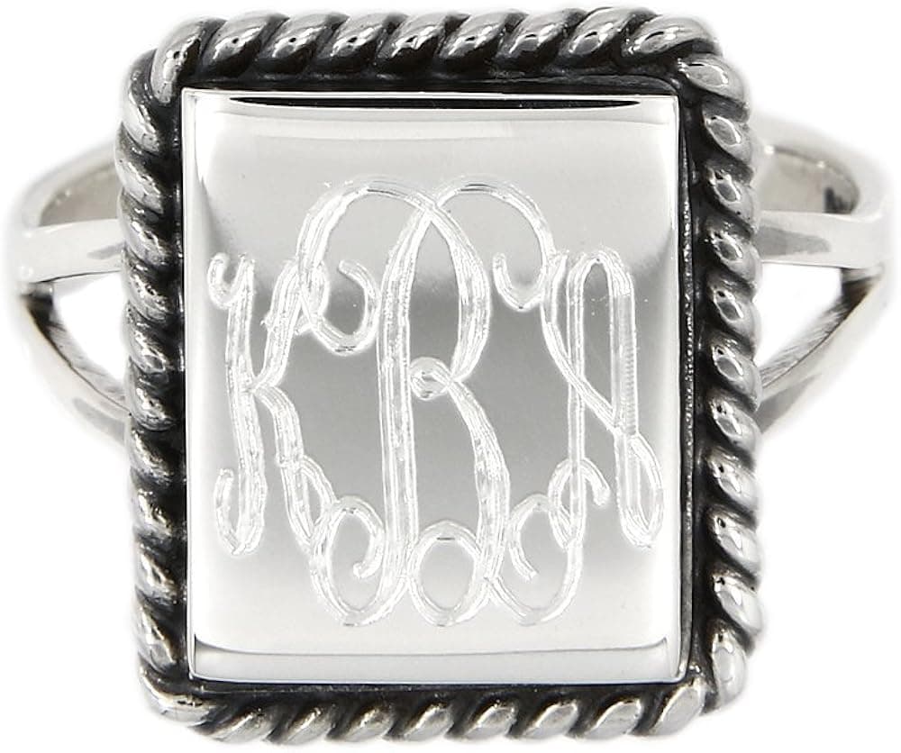 LGU Sterling Silver Monogram Custom Engrave Rectangular Shape Oxidized Rope Edge Signet Ring