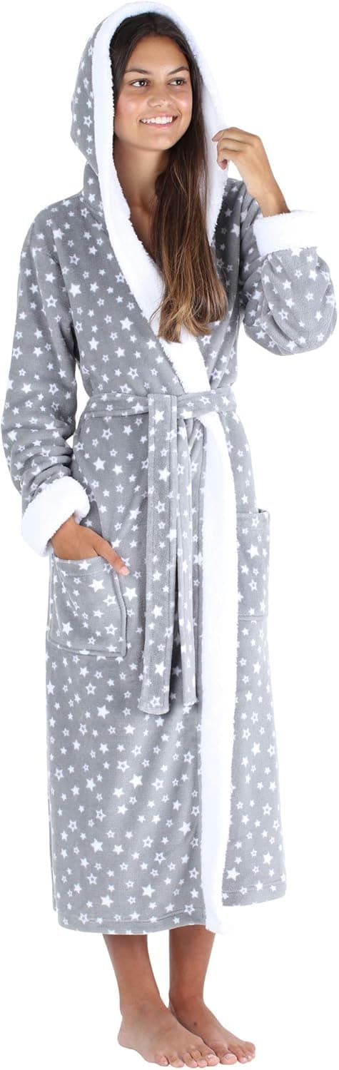 Frankie & Johnny Women's Fleece Robe Sherpa-Lined Hooded Bathrobe