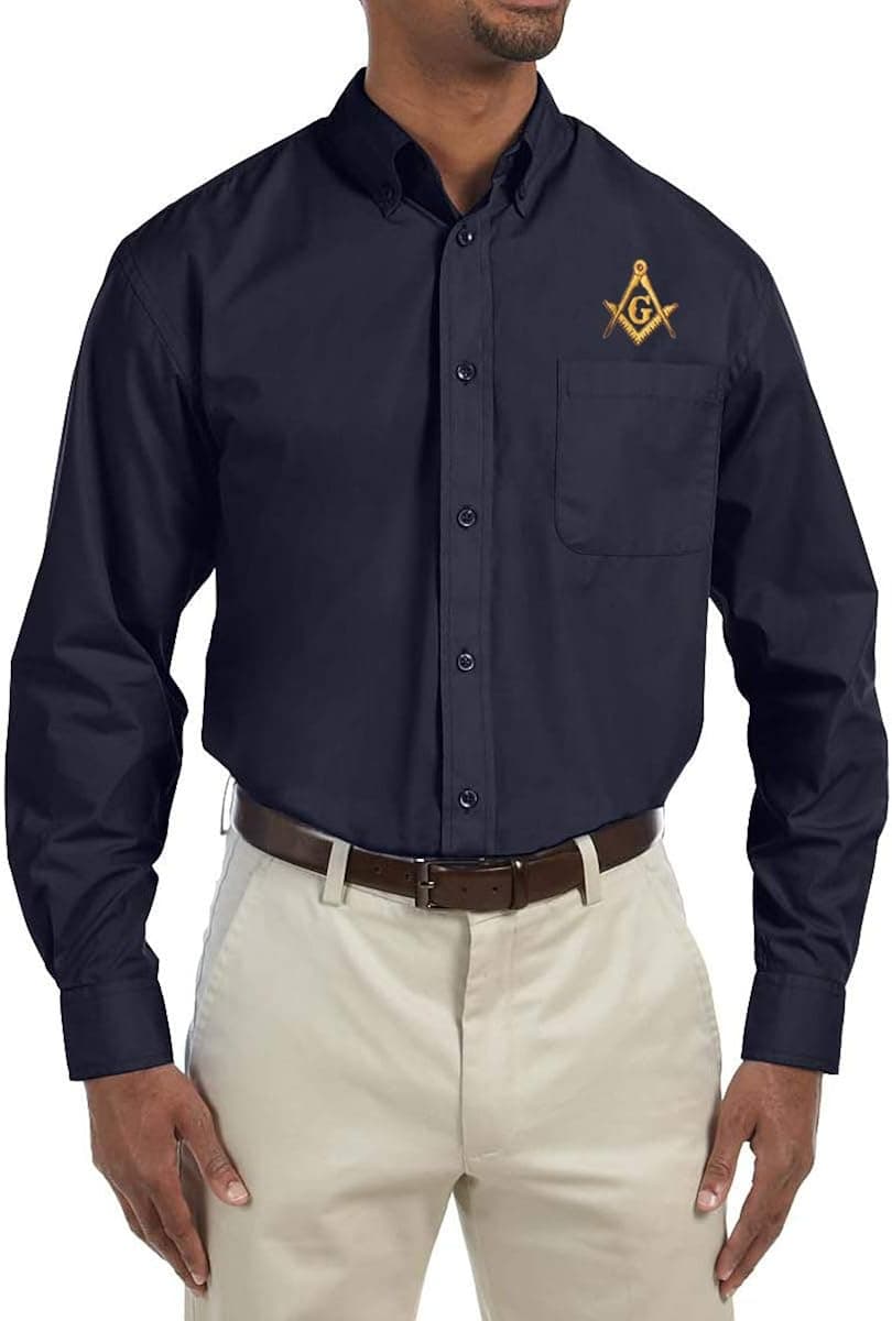 Gold Square & Compass Embroidered Masonic Men's Poplin Button Down Dress Shirt