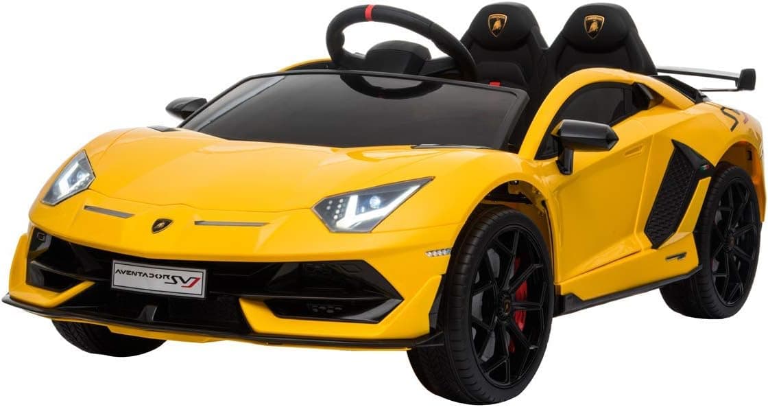 TrueMax 12V Kids Ride on Car Lamborghini Aventador SV J w/ Remote Control, Sound System, & Hydraulic Doors, Compatible with Lamborghini - Yellow