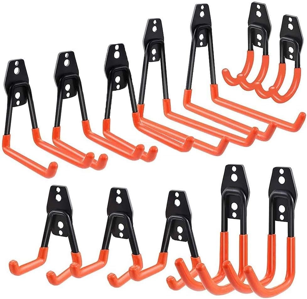 12 Pack Large Size Steel Garage Storage Utility Double Hooks, Easy Install Wall Mount Heavy Duty Hangers for Organizing Power Tools, Anti Slip Design Holding Ladders, Chairs, Bikes, Ropes, Bulk Items