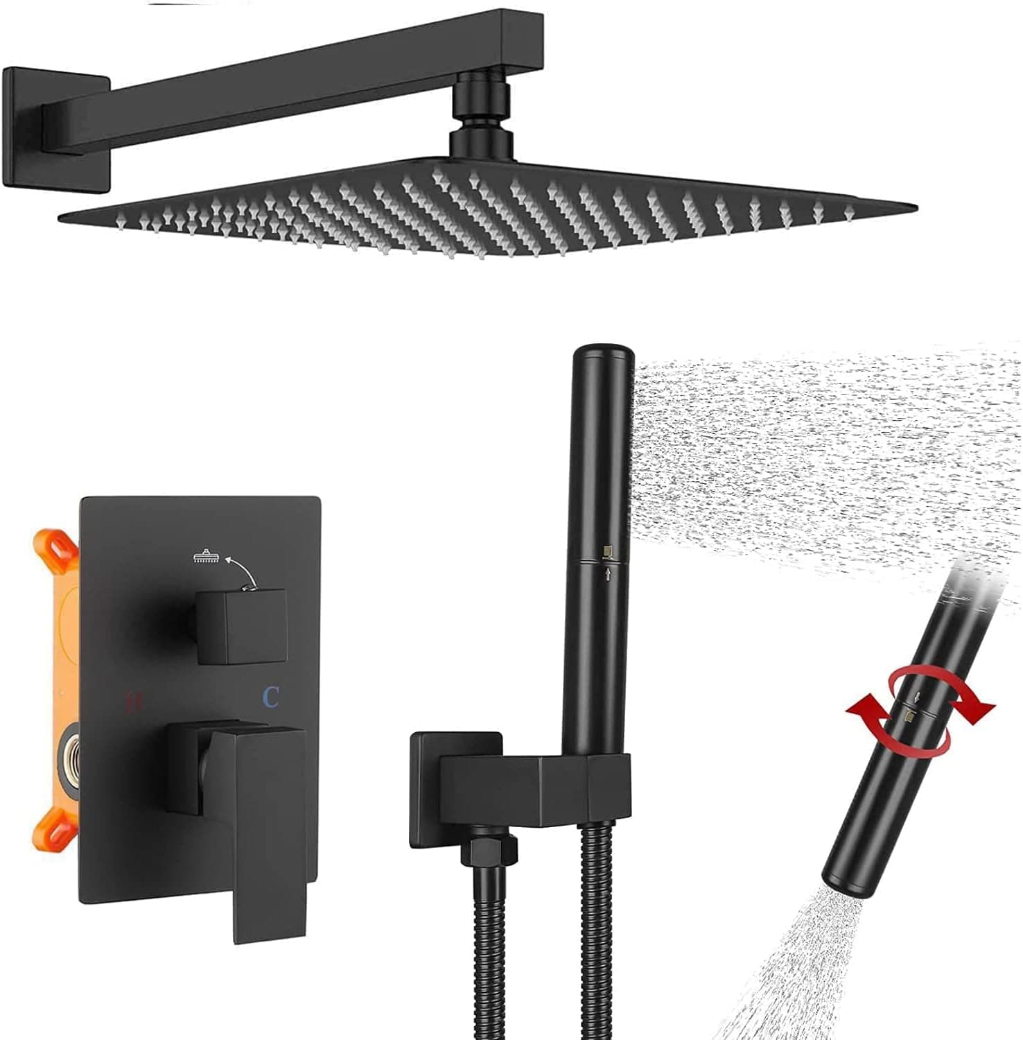 Matte Black Shower Faucet GGStudy Shower Trim Kit with Rough-in Valve Shower Set Bath Rainfall Shower Faucet System 10 inch Square Stainless Steel Metal Shower Heads with 2 In 1 Handheld Spray
