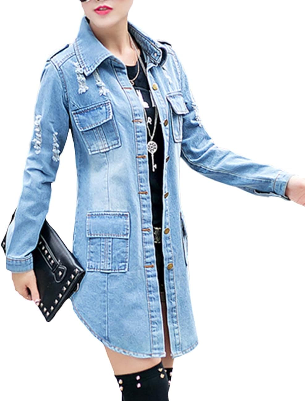SOMTHRON Women's Distressed Denim Jeans Outfits Coat Spring Fall Ripped Jeans Outerwear Denim Jacket